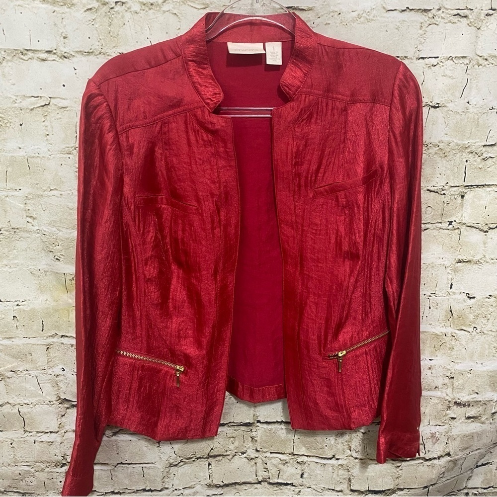 Chicos Red Shimmer Metallic Open Jacket Gold Zippers Rayon Blazer